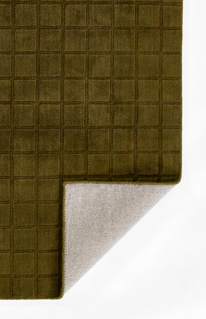 Olive green grid-patterned textile mat with a folded corner showing light gray underside.