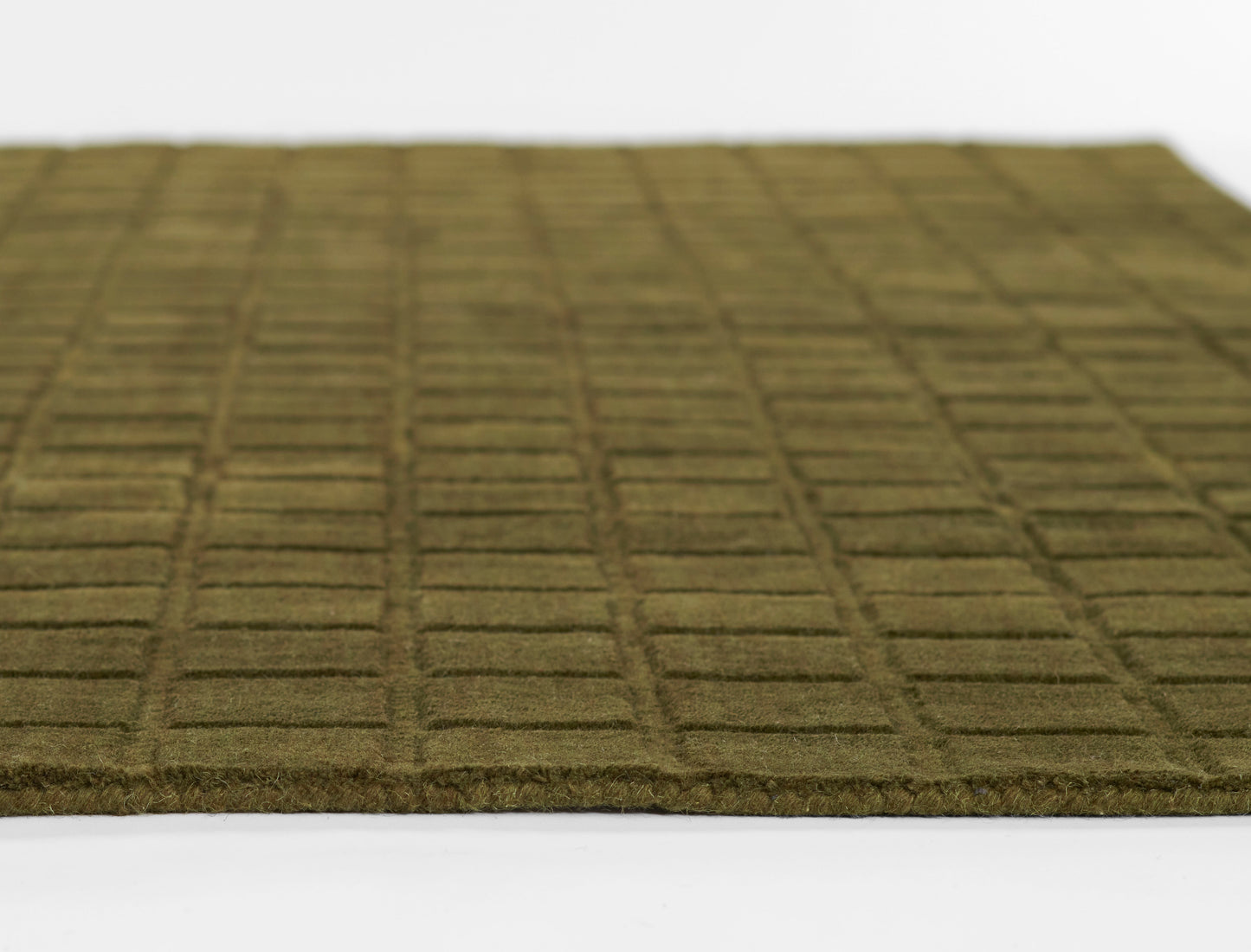 Olive-green grid-patterned doormat with rectangular blocks and a low-pile, textured surface.