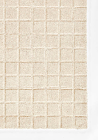 Beige grid-pattern rug with small raised squares and soft woven texture.