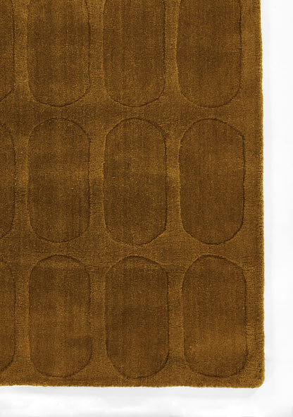 Brown plush rug with a repeating oval tufted pattern and darker outlines; rectangular with a soft pile.
