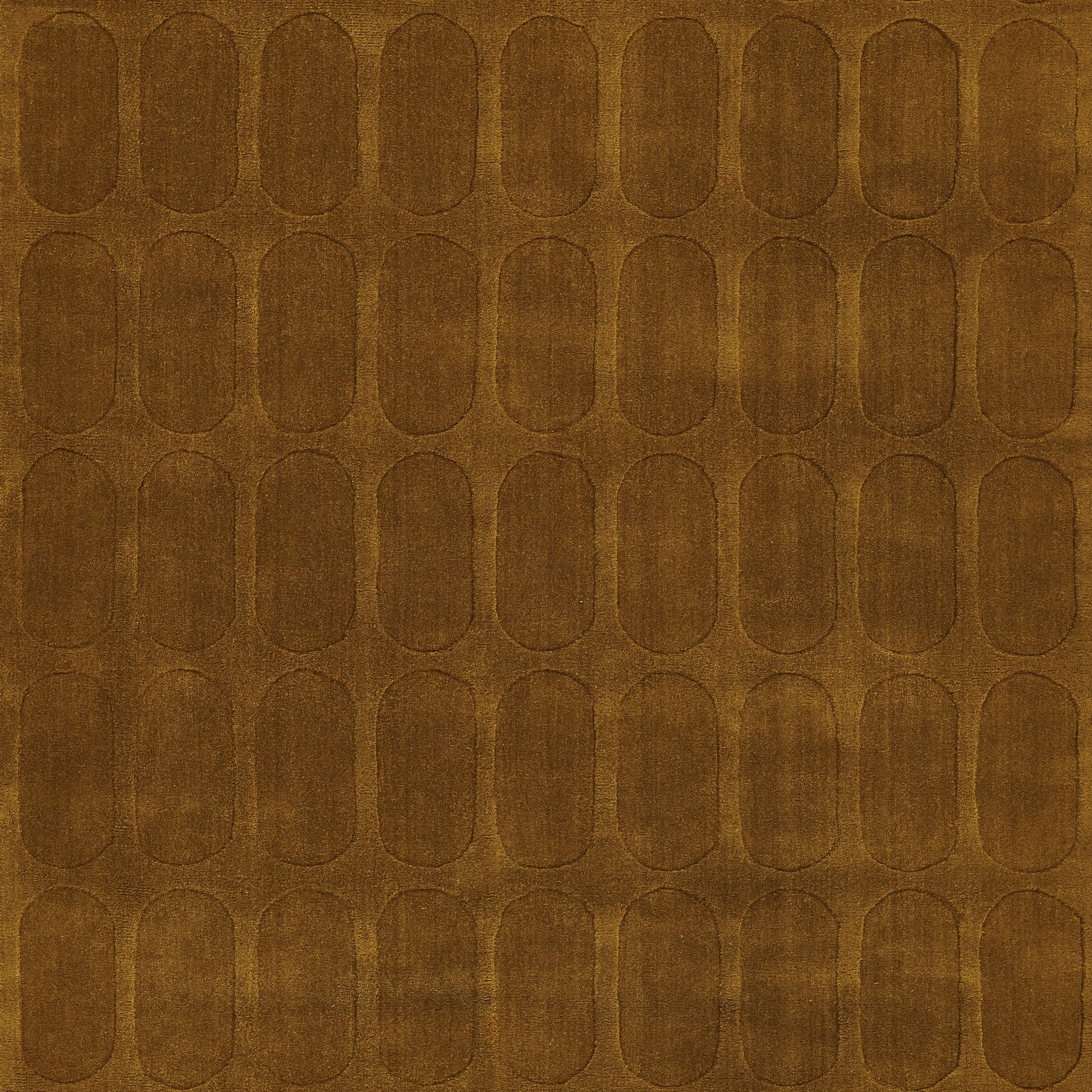 Brown faux leatherette rug with repeating oval panels; textured vintage geometric pattern; 6' x 9'.