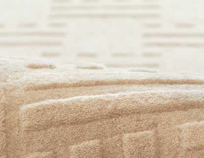 Beige plush loop-pile rug with subtle geometric blocks; soft, cozy home decor.