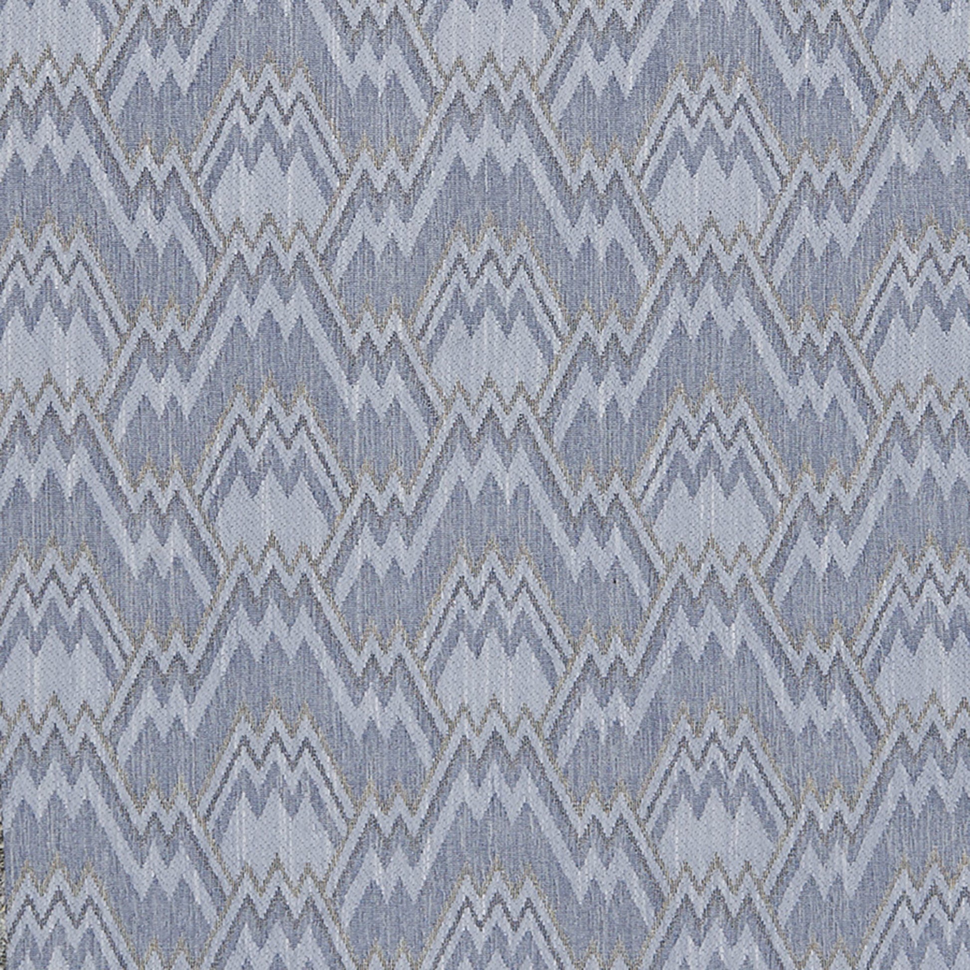 Blue and lavender chevron pattern on chenille fabric with repeating diamond motifs in cool tones.