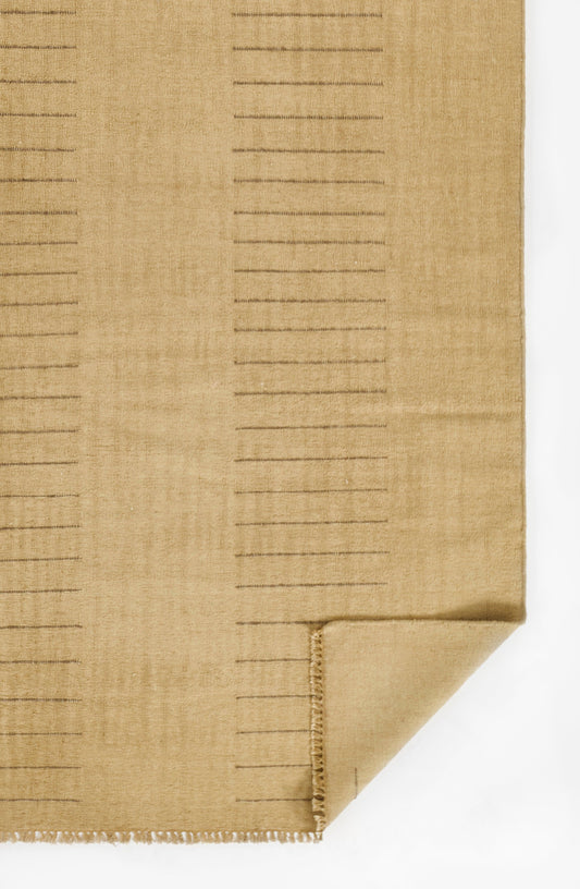 Beige textured fabric swatch with evenly spaced dark horizontal lines and a folded corner.