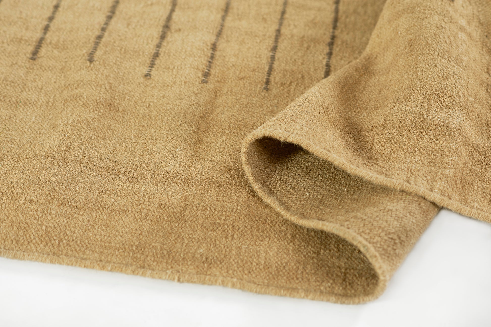 Beige coir rug close-up showing natural textured fibers, subtle dark stripes, rolled edge.