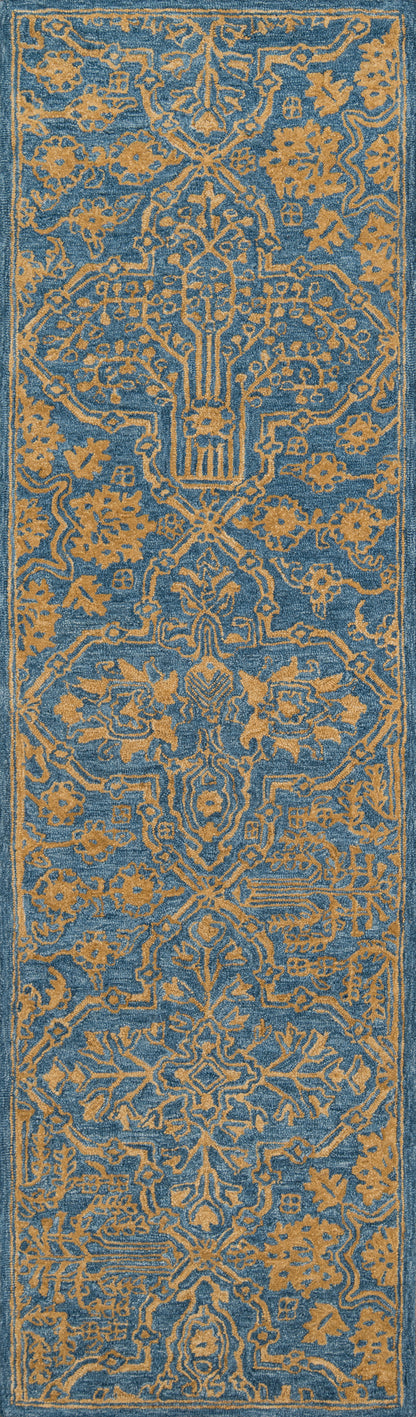 Blue rug runner with gold ornate pattern, floral vines and border in an oriental style.