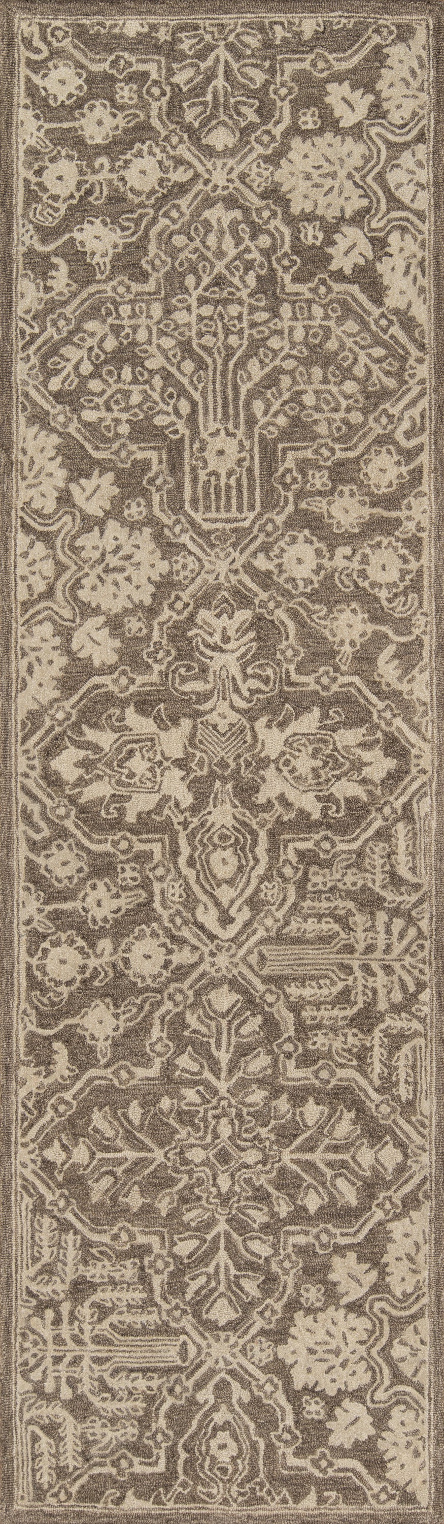 Brown and beige oriental area rug with intricate floral and arabesque motifs; rectangular 5' x 8' rug (not a runner).