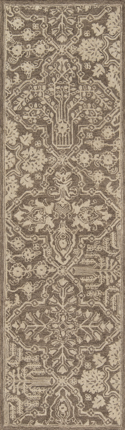 Brown and beige oriental area rug with intricate floral and arabesque motifs; rectangular 5' x 8' rug (not a runner).
