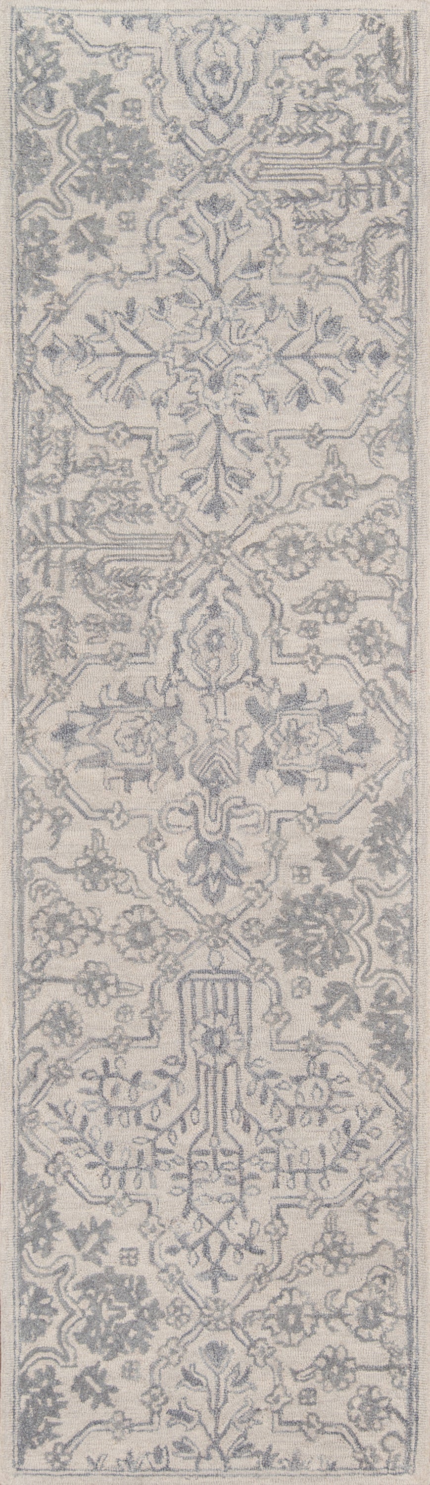 Gray and ivory oriental rug with an intricate floral and medallion pattern; rectangular, 5' x 8'.