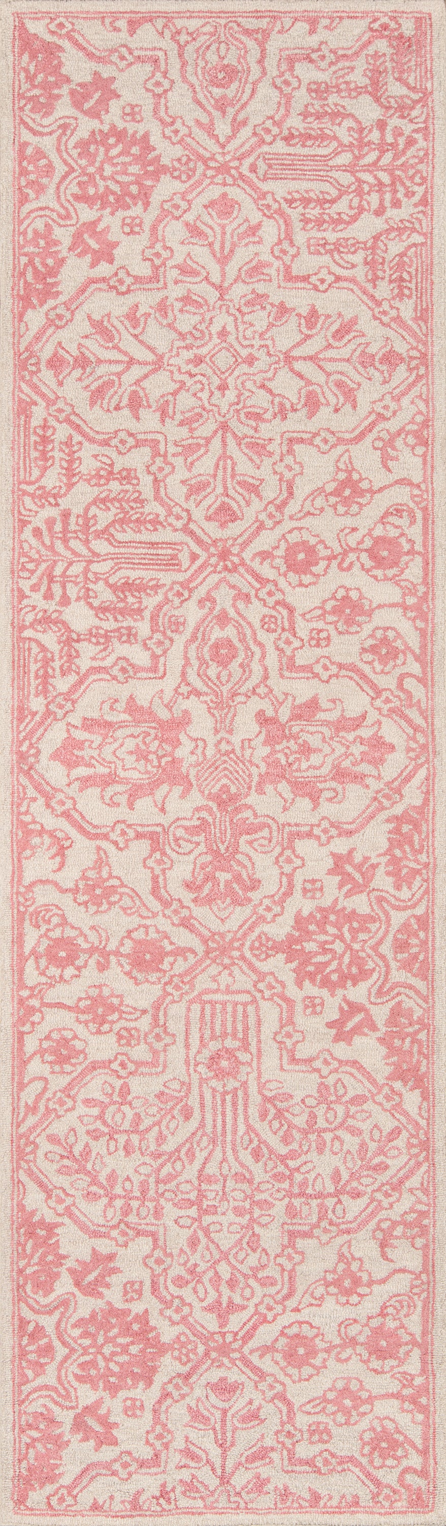 Soft pink Oriental-style area rug with a damask floral pattern and scrolling motifs, 8' x 10'.