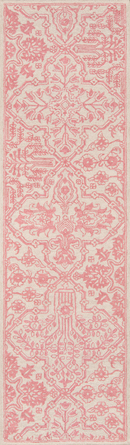 Soft pink Oriental-style area rug with a damask floral pattern and scrolling motifs, 8' x 10'.