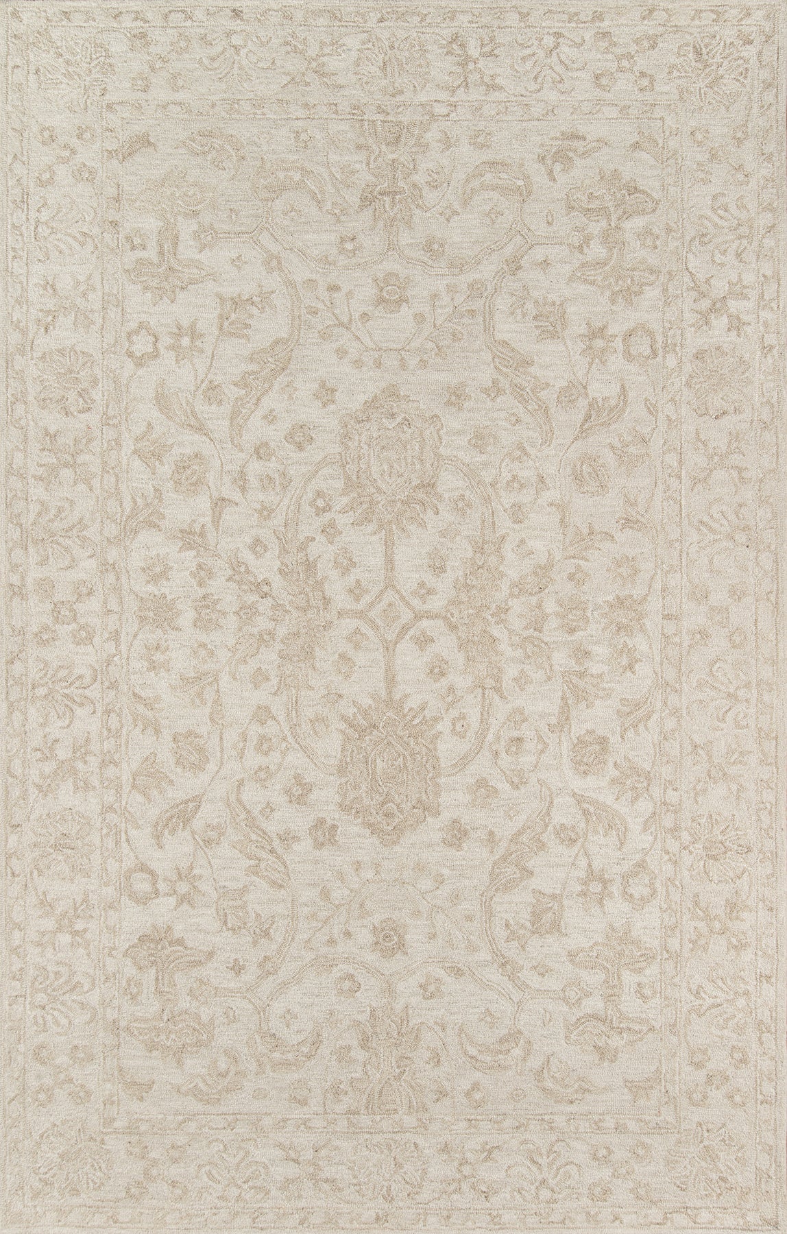 Rectangular beige oriental rug with ivory pattern, central medallion and floral border.