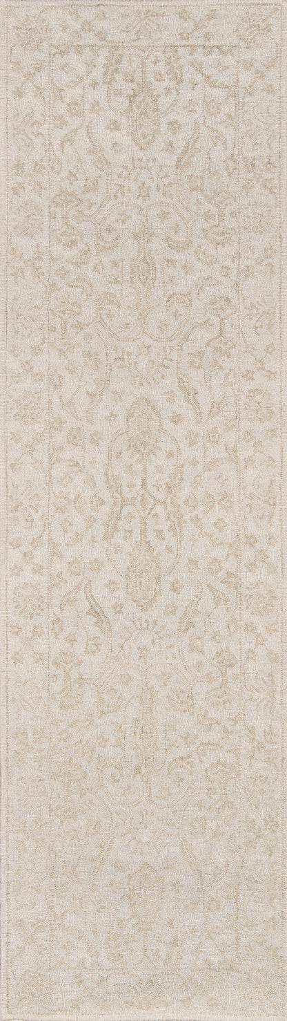 Beige oriental runner rug with a subtle floral damask pattern; ivory tones.