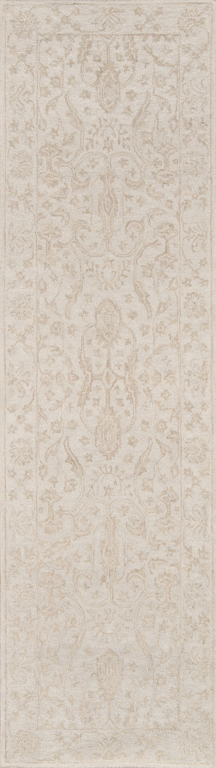 Cream-beige rug with subtle damask/arabesque pattern; Persian-inspired design in soft neutral tones.