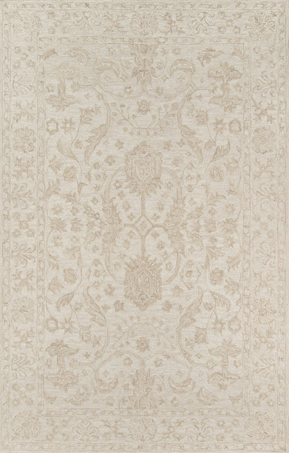 Cream-beige oriental rug with delicate floral medallion patterns & ornamental border; soft, neutral Persian-style decor.