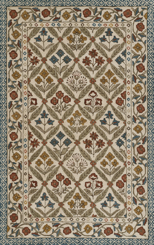 Rectangular woven rug with cream base, multicolor floral lattice and blue decorative border.
