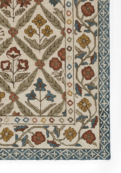 Cotswold-style woven rug with cream field, green vines and red, yellow flowers, blue geometric border