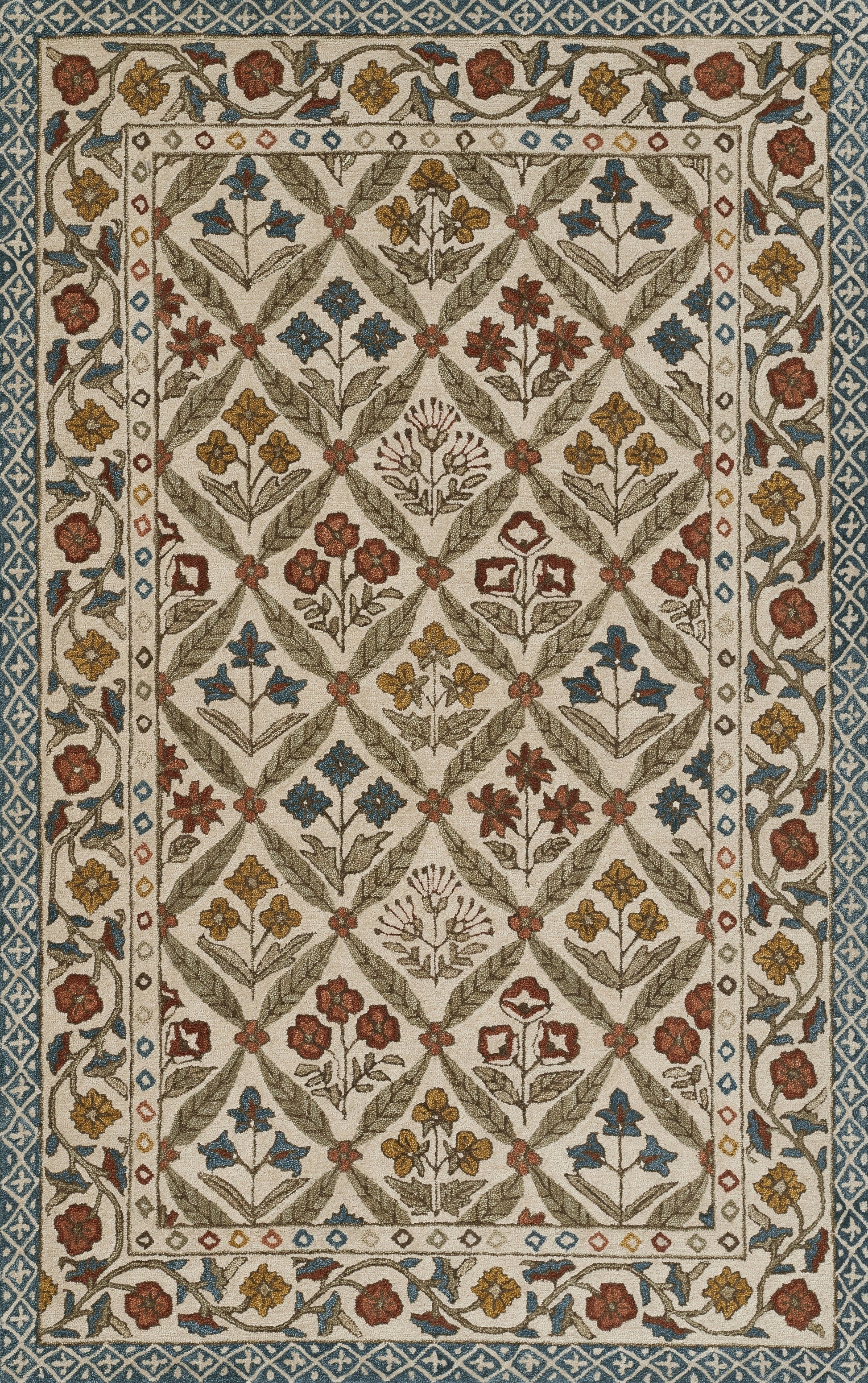 Traditional floral lattice rug in cream with blue, red, gold & brown accents; rectangular woven decor for living spaces.