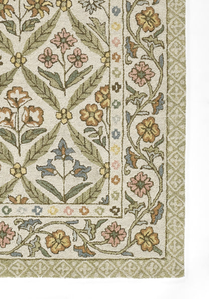 Green-themed floral trellis rug with pastel pink, blue and yellow flowers on cream background; decorative border.