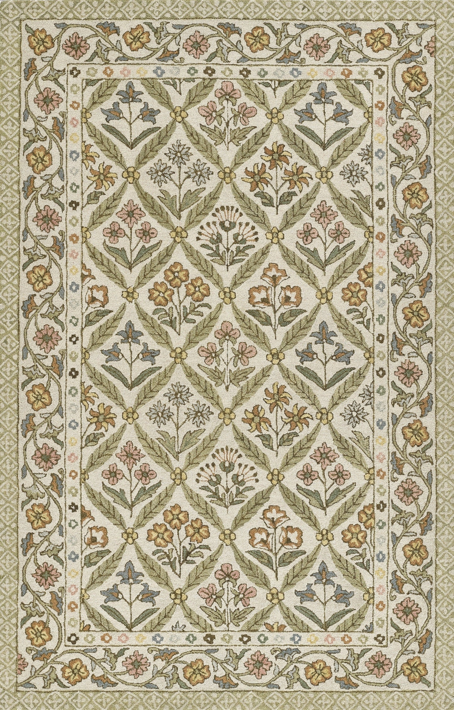 Green and cream floral rug featuring diamond trellis with multicolored blossoms and ornate border.