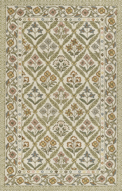 Green and cream floral rug featuring diamond trellis with multicolored blossoms and ornate border.
