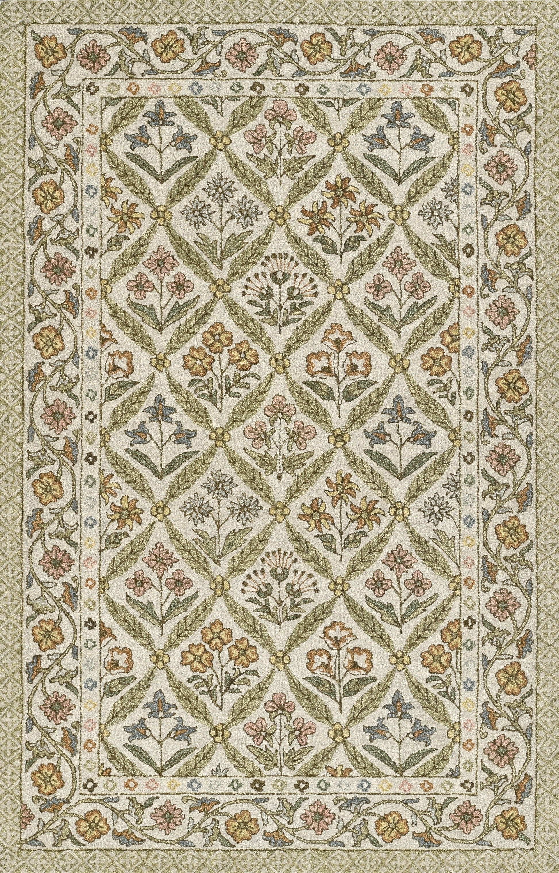 Rectangular floral lattice rug in cream with sage-green vines and pastel pink and yellow flowers; traditional decor.