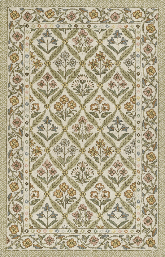 Rectangular floral lattice rug in cream with sage-green vines and pastel pink and yellow flowers; traditional decor.