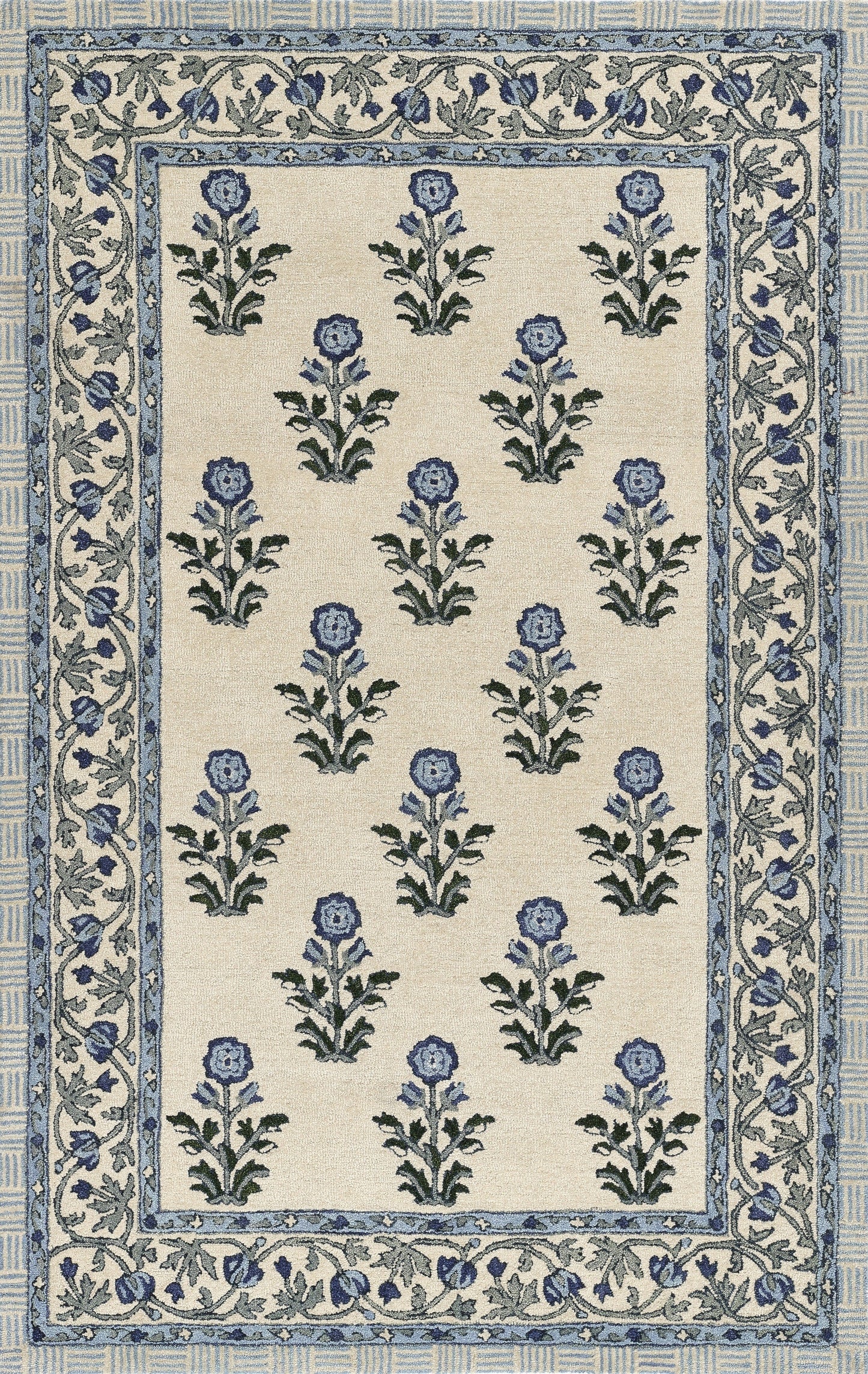 Cream rug with blue floral motifs and green stems, framed by a decorative blue border; traditional garden design.