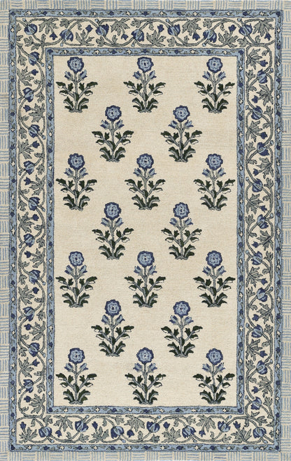 Cream rug with blue floral motifs and green stems, framed by a decorative blue border; traditional garden design.
