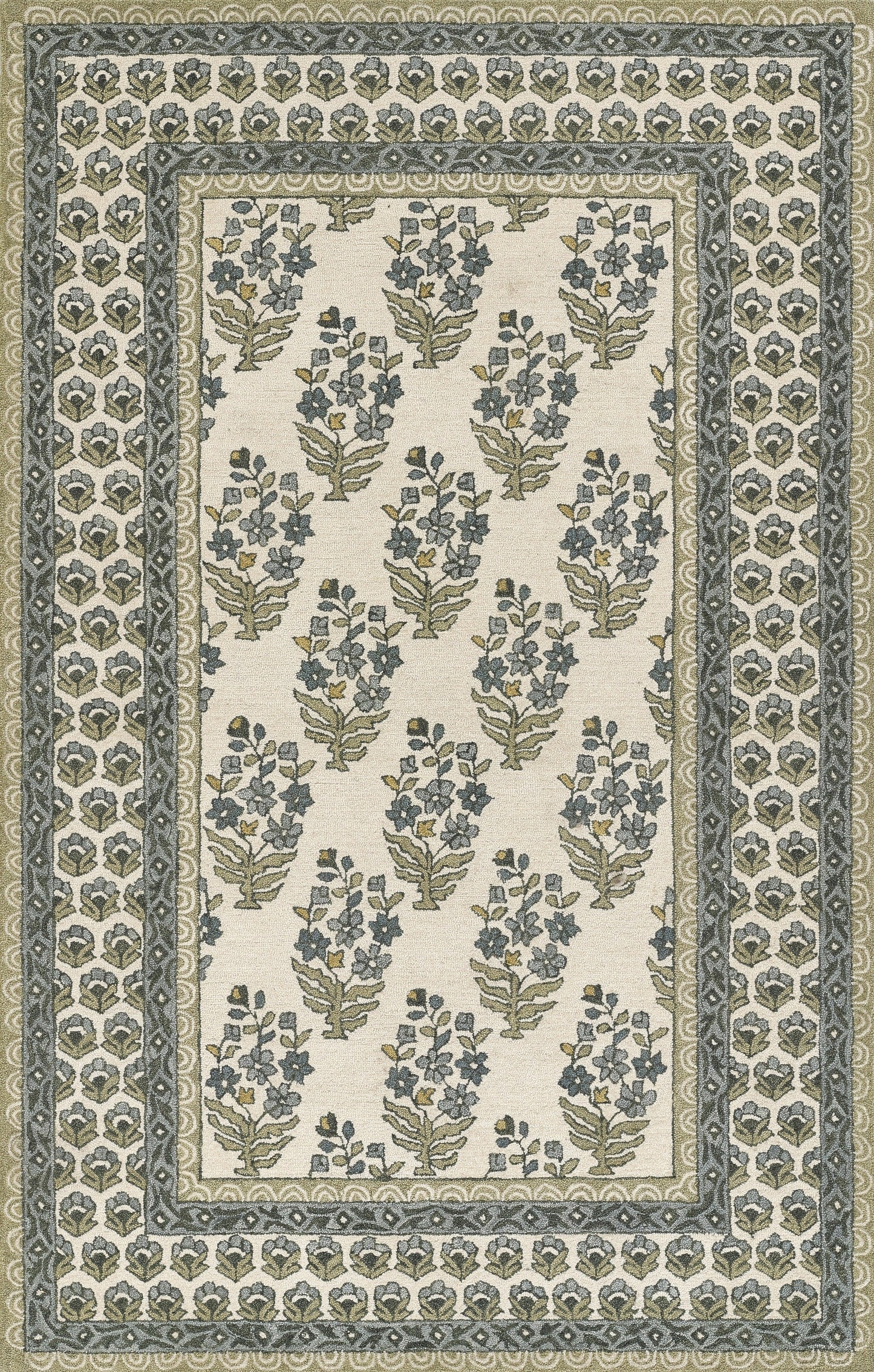 Vintage-style rug with cream field and repeating blue-green floral bouquets, bordered by layered green-gray borders.