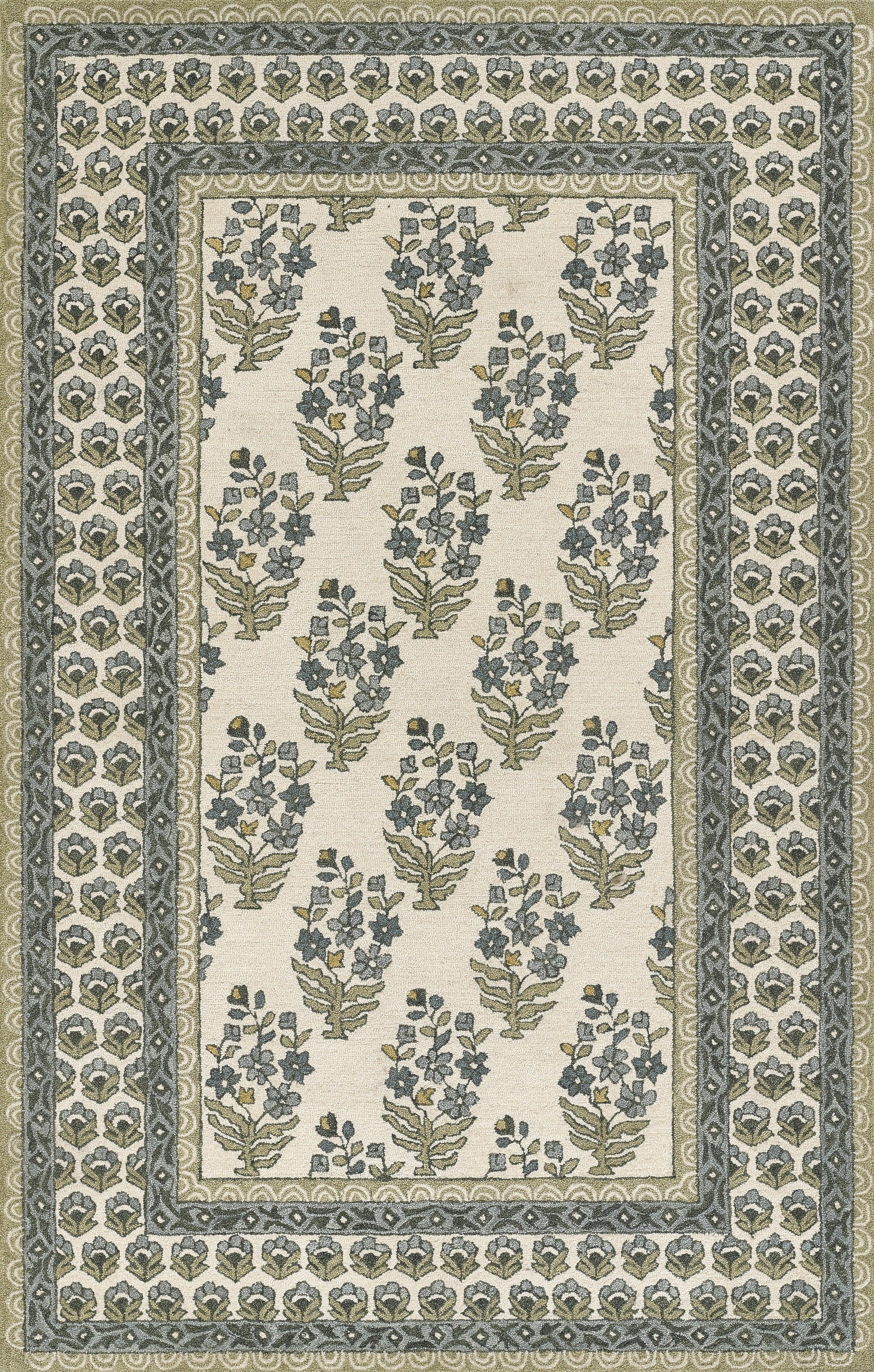 Vintage-style rug with cream field and repeating blue-green floral bouquets, bordered by layered green-gray borders.