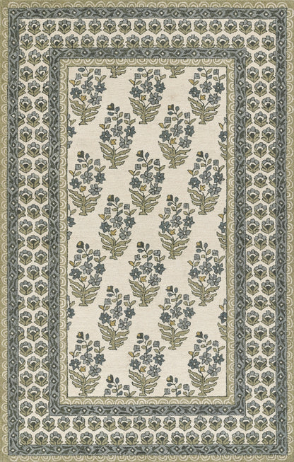 Vintage-style rug with cream field and repeating blue-green floral bouquets, bordered by layered green-gray borders.