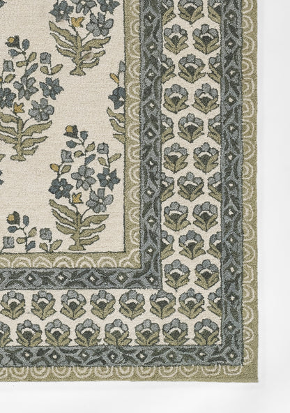 Green botanical rug with ivory field and double blue-green borders, classic floral vine motif.