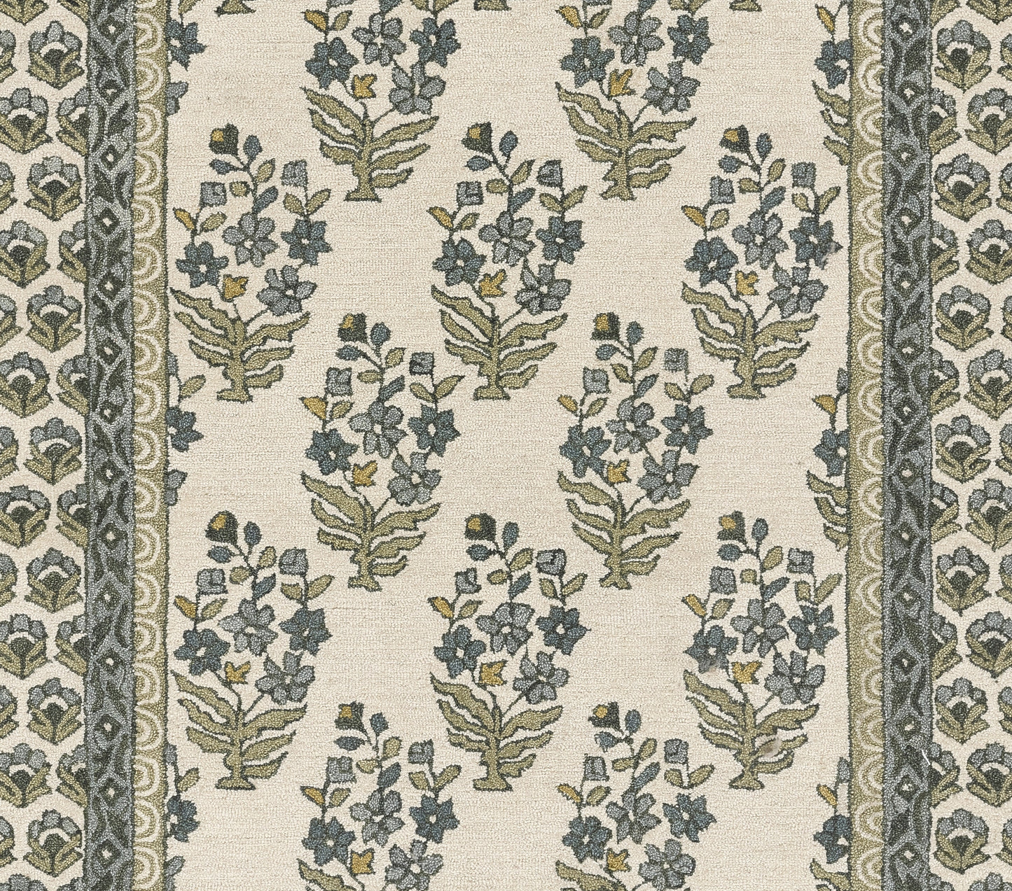 Cream fabric with blue-green floral sprigs and bordered scroll motifs; vintage botanical pattern.