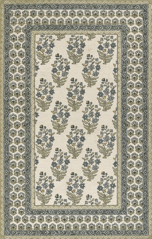 Runner rug with cream field featuring blue-green botanical bouquets, framed by layered blue-gray borders in a traditional floral motif.