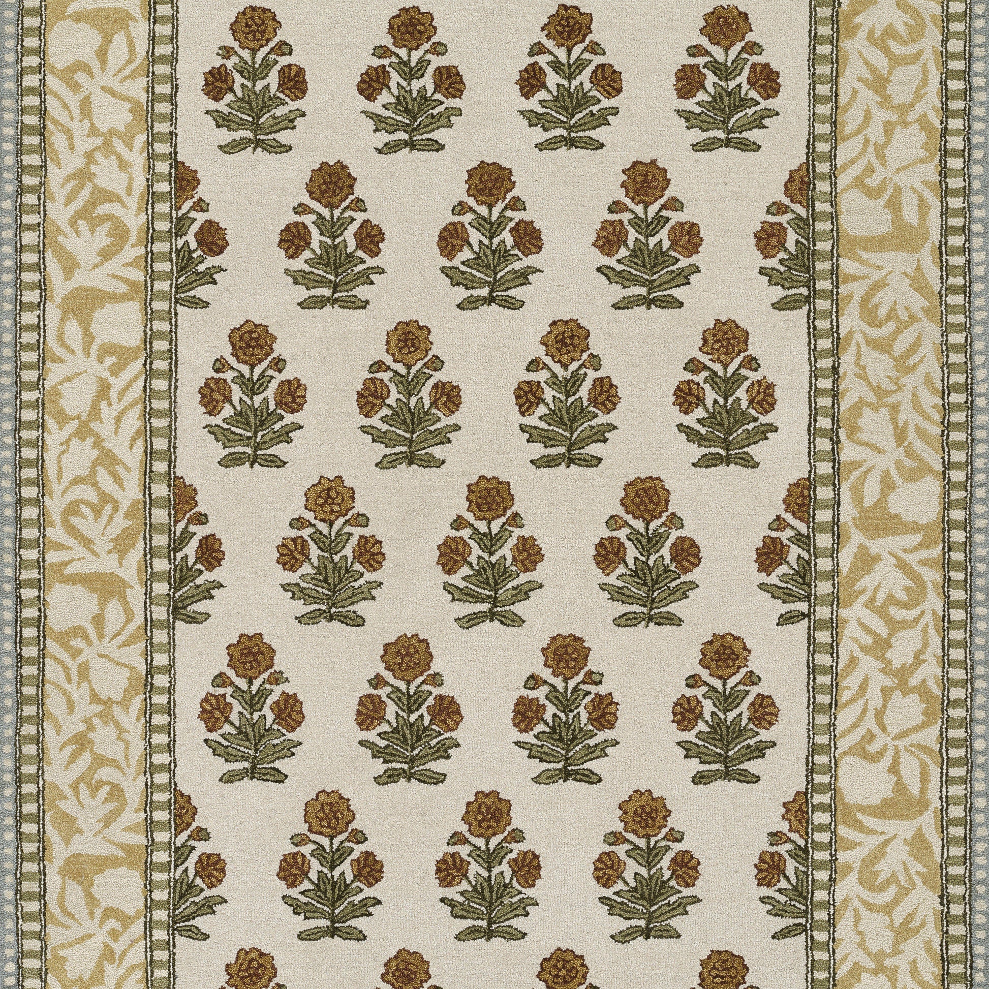Beige woven rug with repeating brown-orange floral bouquets and green leaves; gold-cream border, traditional style.