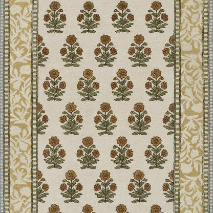 Beige woven rug with repeating brown-orange floral bouquets and green leaves; gold-cream border, traditional style.