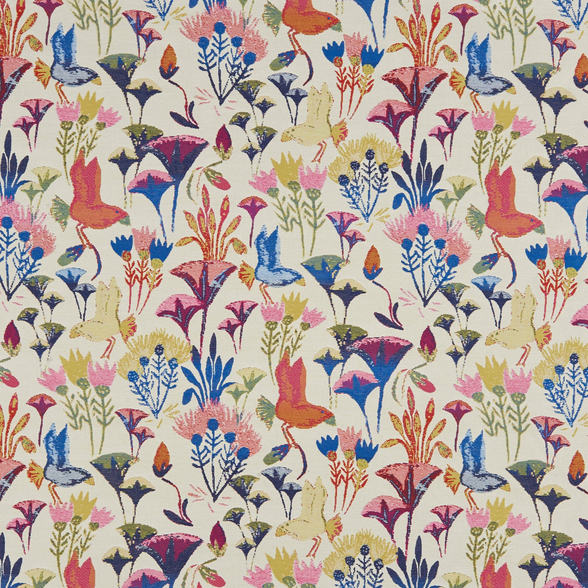 Colorful countryside floral jacquard fabric in cream with stylized birds and bright blooms; textured outdoor textile.