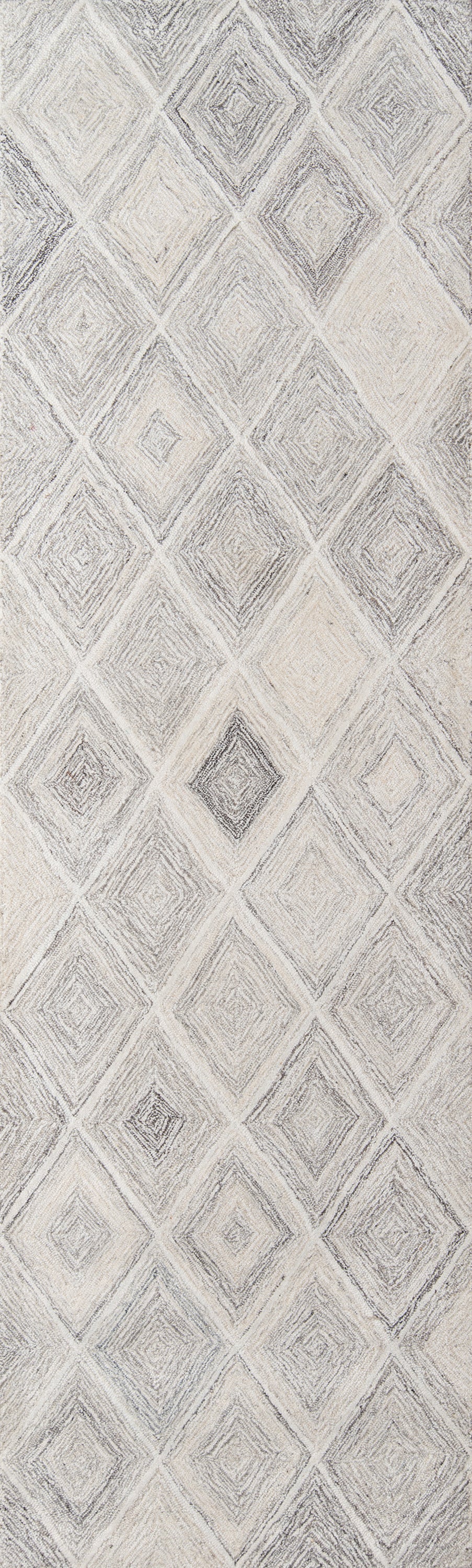 Grey diamond-patterned area rug with a distressed texture in ivory and charcoal tones.