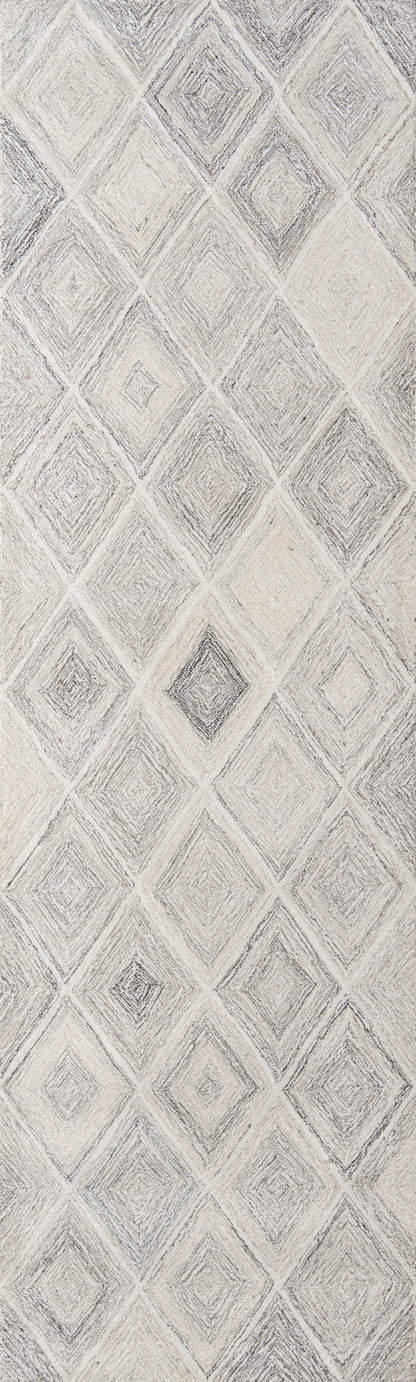 Grey diamond-patterned area rug with a distressed texture in ivory and charcoal tones.
