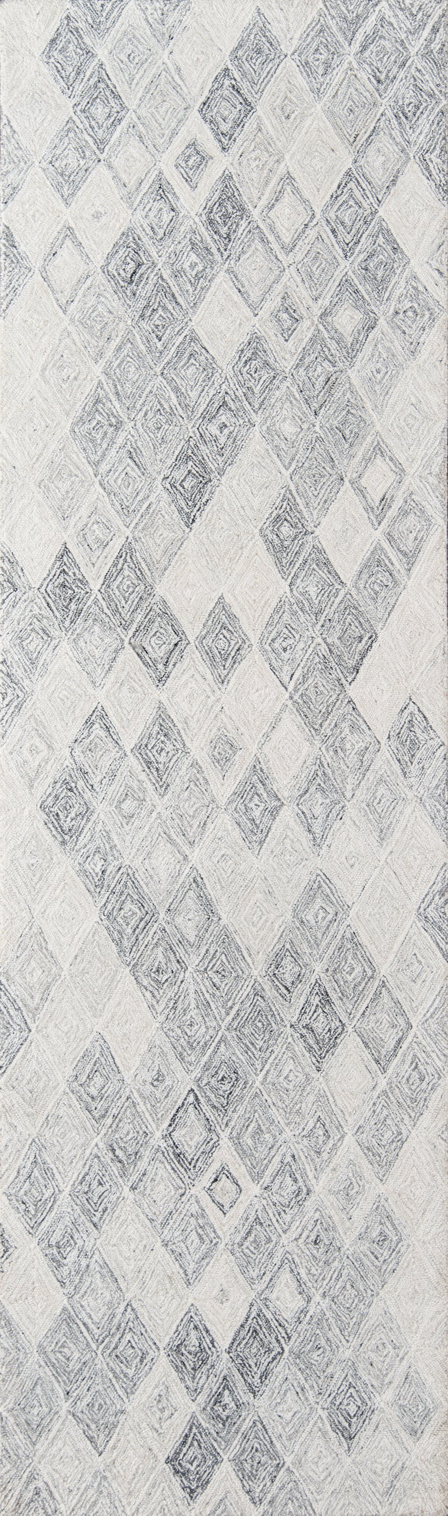 Gray diamond argyle rug with distressed texture; light and charcoal gray tones, woven look.