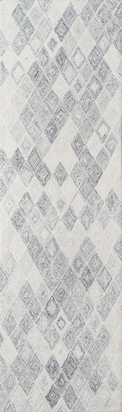 Gray diamond argyle rug with distressed texture; light and charcoal gray tones, woven look.