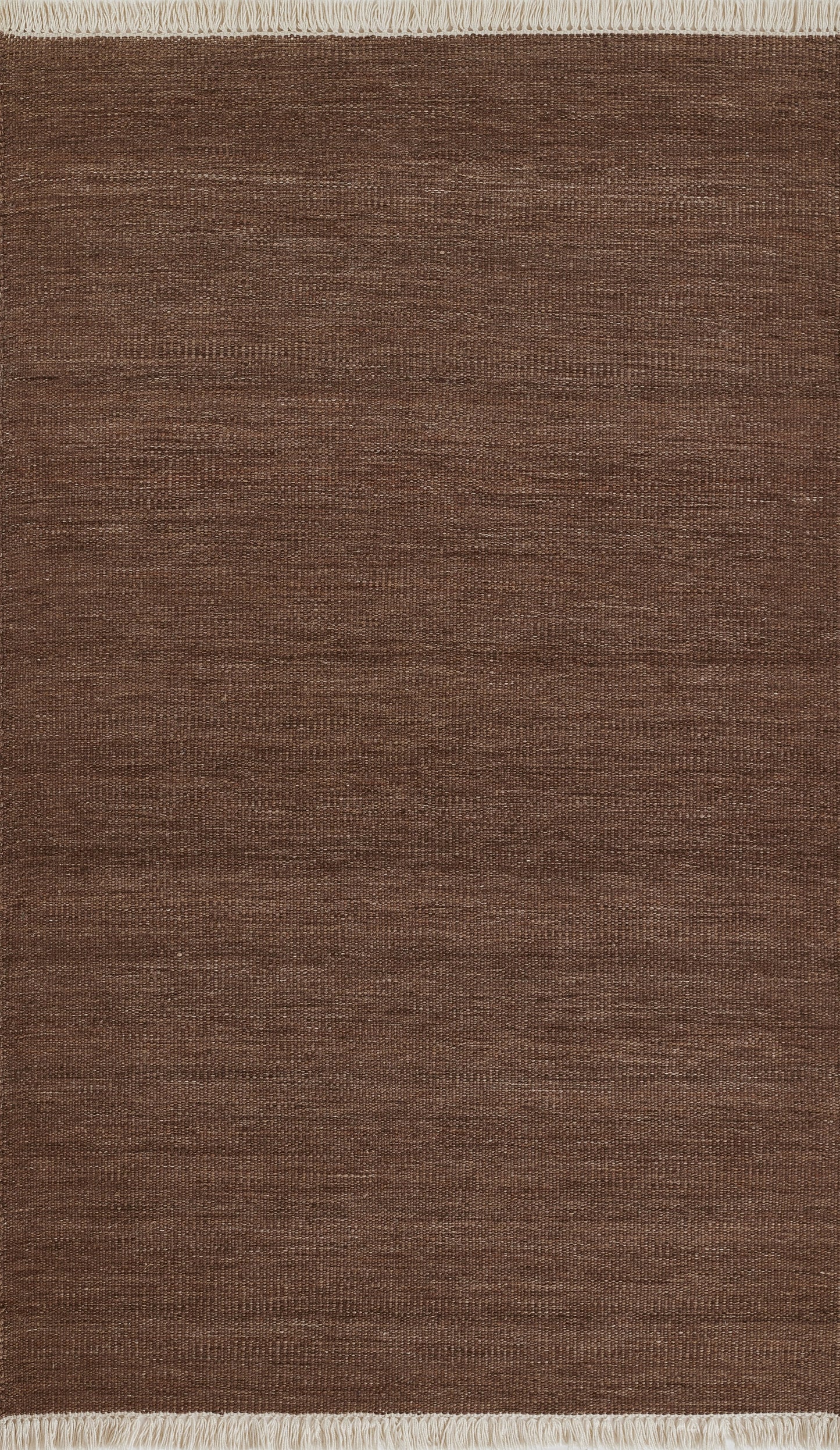 Brown textured rug with cream fringe on top and bottom edges, rectangular.