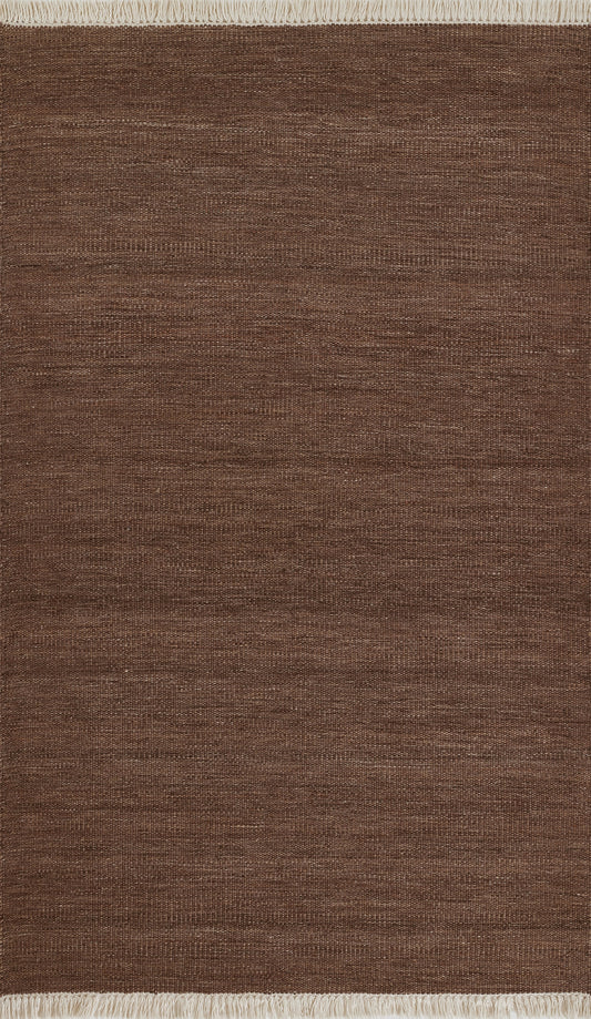 Brown flat-weave rug with beige fringe on both ends.
