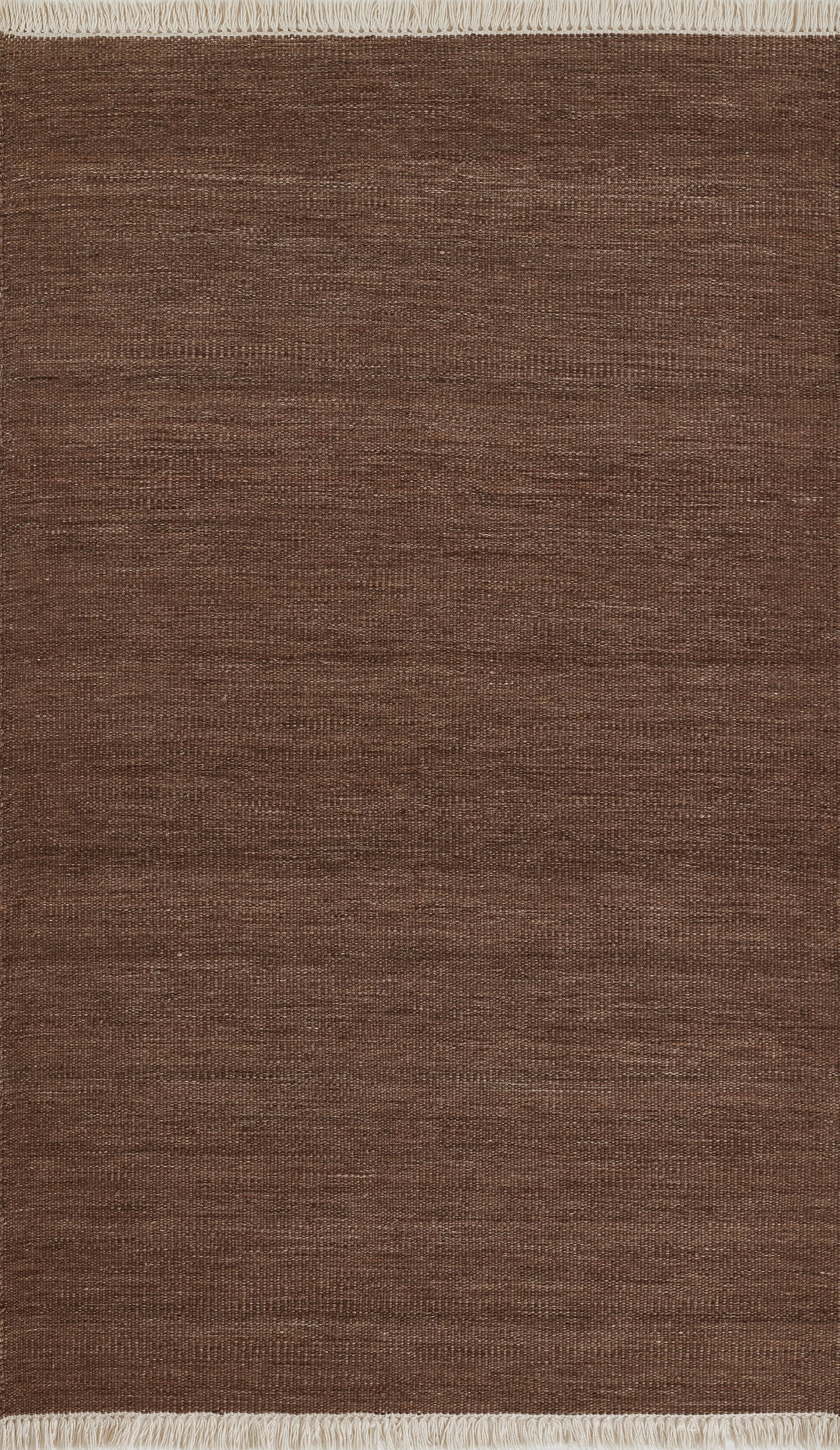 Brown flat-weave rug with beige fringe on both ends; rectangular, minimalist style.