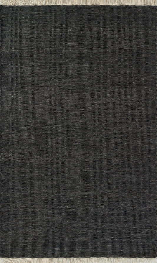Charcoal gray woven fabric swatch with subtle texture and light tan fringe along the top edge; upholstery/rug sample.
