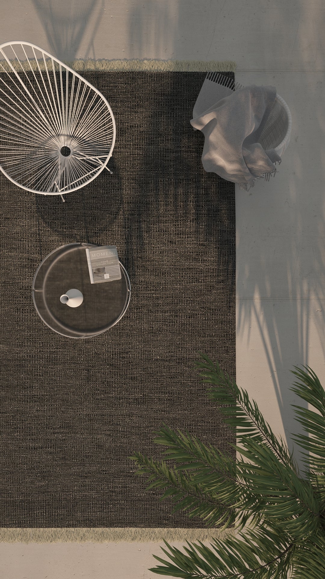 Outdoor patio: white wire circular chair, round glass coffee table, dark woven rug, gray throw cushion, tropical plant.