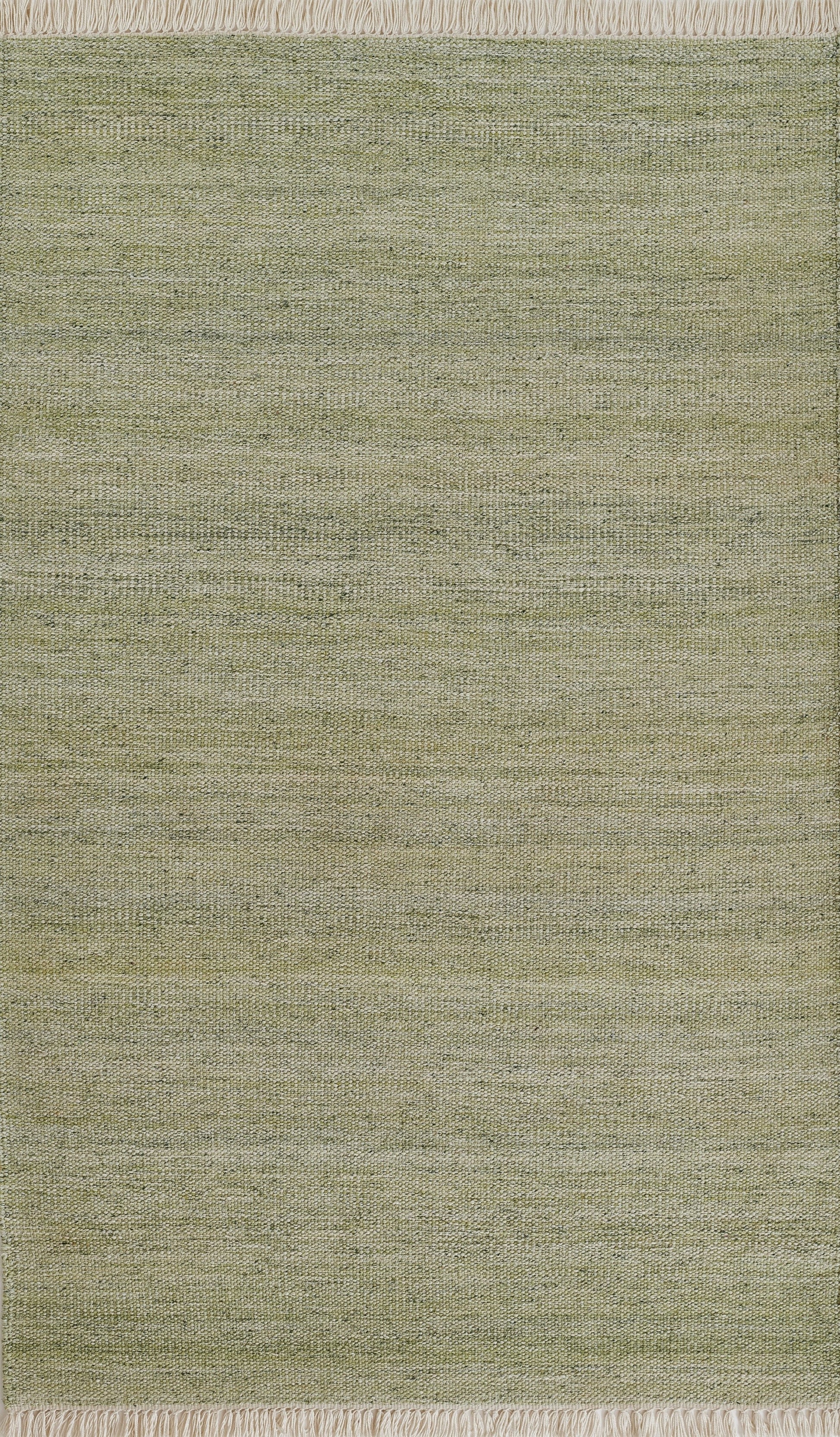 Olive-green woven rug with subtle texture and fringed ends for a casual contemporary look.