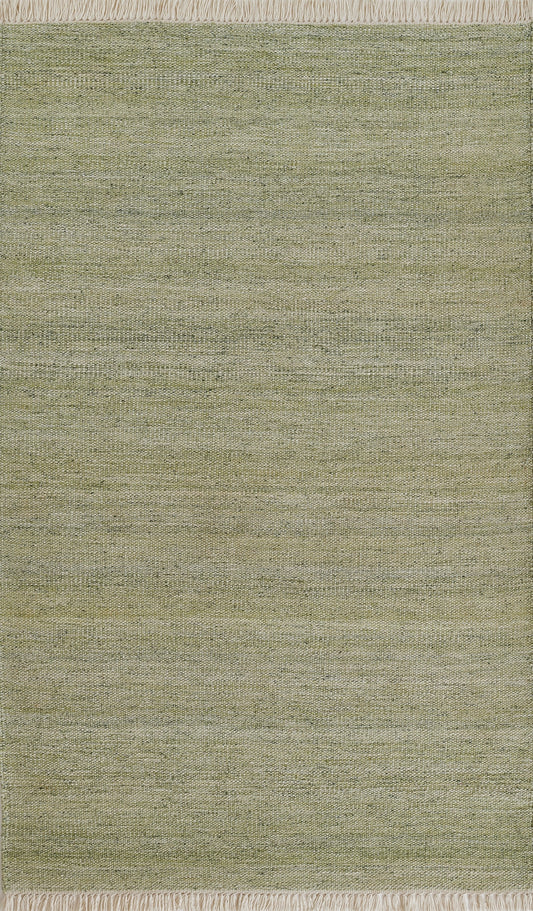 Olive-green flat-weave rug with subtle texture and short fringe along top and bottom edges.