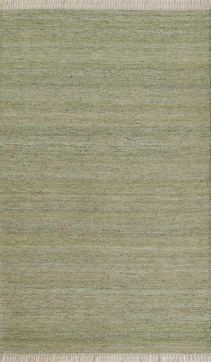 Olive-green textured flat-weave area rug with light fringe along short edges.